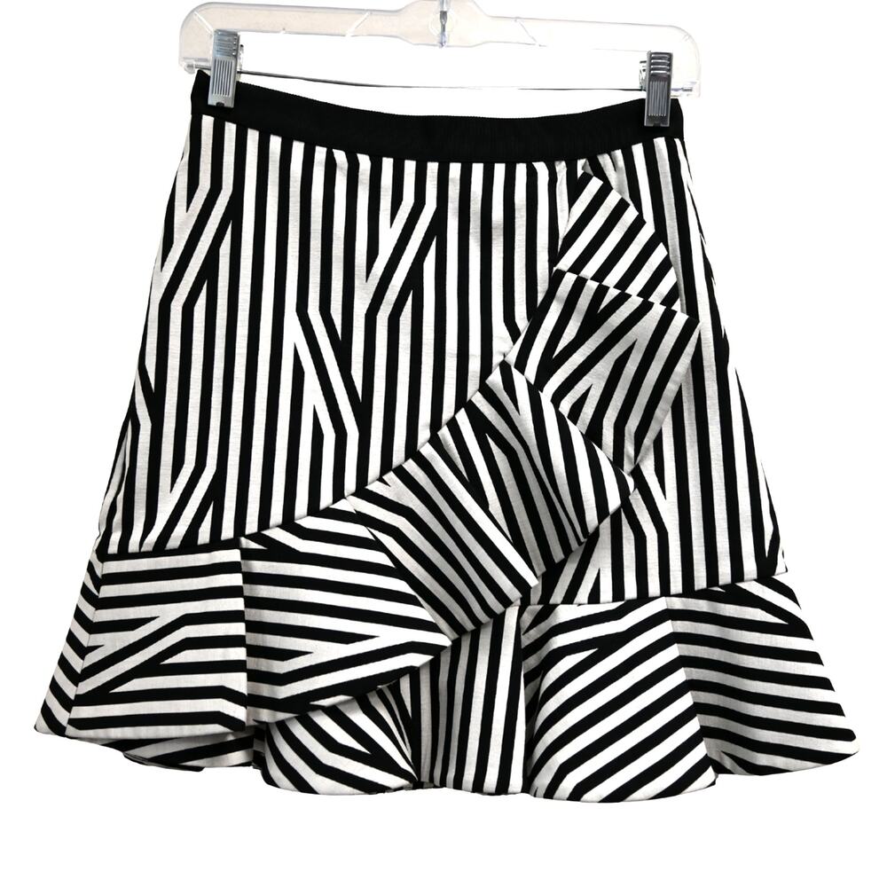 Self Portrait Black Off White Striped Asymmetrical Ruffled Mini Skirt Size US 4